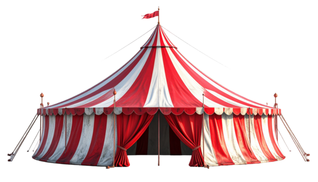 Red and white circus tent stands alone