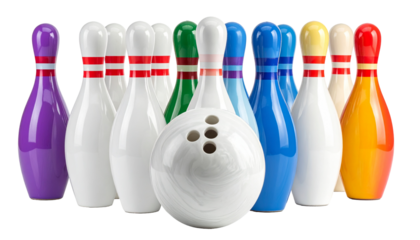 Colorful bowling pins with a white ball