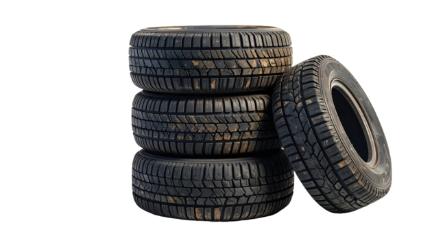 Stack of worn tires on black