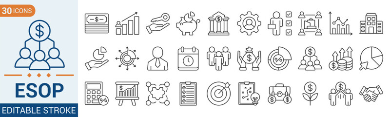 Employee Stock Ownership Plan Icons set collection. Vector illustration . Company, shares, benefits, pension savings, and more. Eps 10