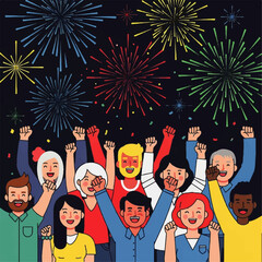 Diverse Group of People Celebrating with Fireworks.