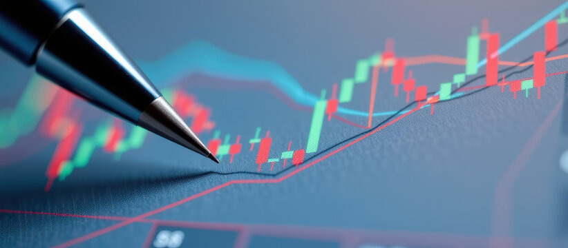 Pen tip over financial chart candlestick trend showing market analysis and bullish momentum with red and green bars