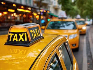 Close-up of yellow taxi door panel with branding parked by city curb in daylight