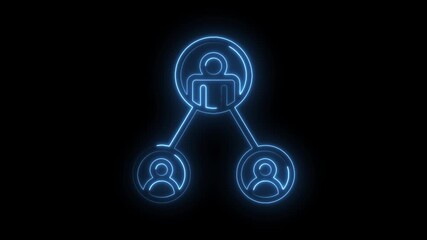 Glowing network icon with neon style connecting people in hierarchical structure on black background