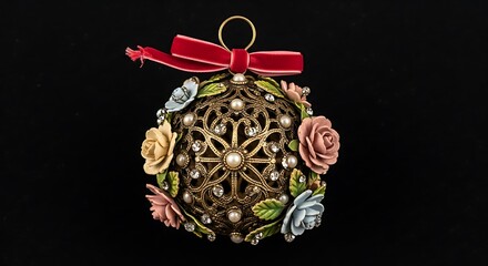 Elegant Floral Ornament with Red Ribbon on Black Background.