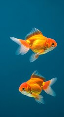 Fototapeta premium Two Goldfish Swimming in Blue Water - A Serene Underwater Scene.
