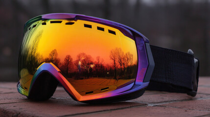 Close-up of modern ski goggles with anti-fog lens against snowy background