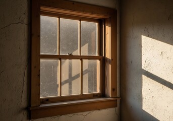 Fototapeta premium Rustic window with natural lighting casting shadows in aged room space