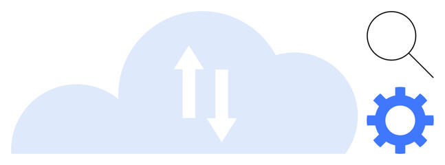 Cloud with arrows symbolizing data exchange, magnifying glass for search, and cogwheel for optimization. Ideal for technology, data sharing, cloud services, efficiency, innovation, digital