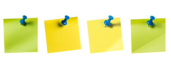 Colorful sticky notes with blue pins isolated on white background
