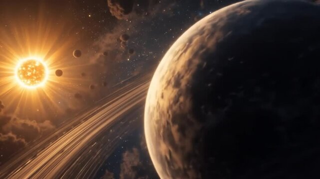planets rotating in space with the sun and nebula. 4k videos