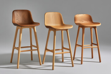 Three bar stools of different heights in studio with gradient background and sharp shadows