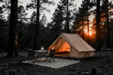 Black and White Glamping Tent at Sunset with Orange Glow