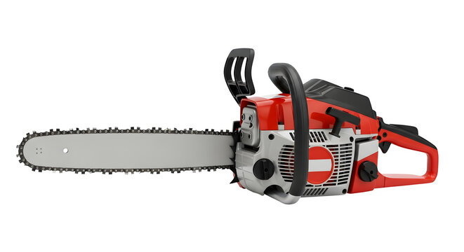 Red and silver chainsaw isolated on transparent background, a powerful tool for cutting wood and trees, showcasing its sharp blade and sturdy design