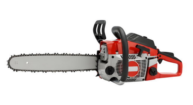 Red and silver chainsaw isolated on transparent background, a powerful tool for cutting wood and trees, showcasing its sharp blade and sturdy design