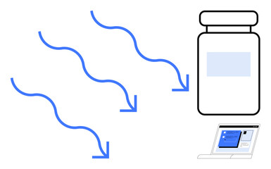 Medicine bottle, flowing data arrows, and a laptop screen with analytics represent pharmaceutical innovation. Ideal for healthcare, technology, research, data flow, medicine analytics innovation. A