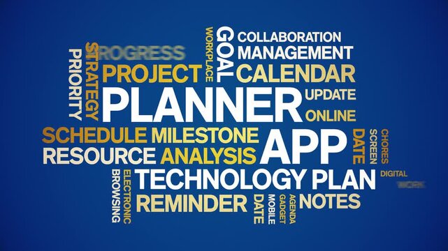 Planner App animated word cloud-text design animation tag kinetic typography seamless loop.