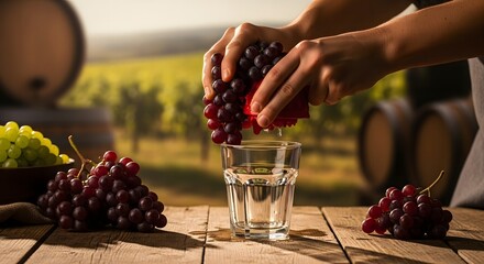 Hands pressing ripe red grapes into a glass, extracting fresh juice on a rustic wooden table. A vineyard and wine barrels in the background evoke harvest and natural beverage making