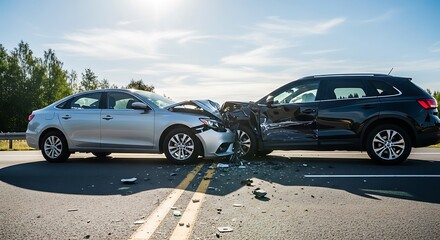 Car Crash on Road - Damaged Vehicles After Accident.
