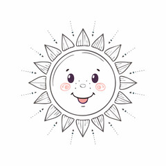 Cute Sun Face Illustration for Childrens Coloring Book.