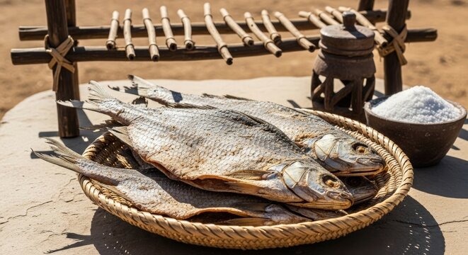 Mafuma: Sun-Preserved Angolan Fish with Chokwe Rack and Mbunda Salt Vessel in Arid Light