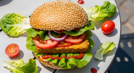 Delicious Gourmet Burger Composition Displayed with Fresh Tomatoes and Greens