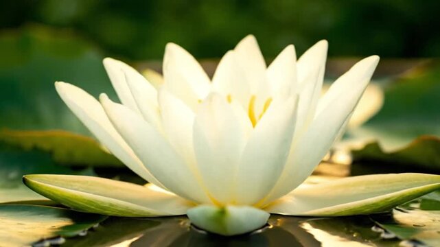 Timelapse footage of a white lotus water lily gently blooming in a serene pond. The camera captures the flower opening slowly, surrounded by lush green lily pads, soft rippling water, and subtle