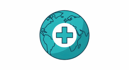 Obraz premium Vibrant graphic depicting a stylized world globe centered with a white medical cross symbol, representing universal healthcare, international aid, and wellness advancements for all nations