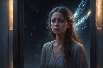 Woman stepping outside with tears in her eyes under a blue night sky  