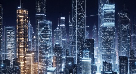 Naklejka premium A futuristic cityscape with illuminated skyscrapers and a digital grid connecting them.