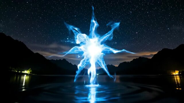 Mystical blue energy entity emerges from a serene lake under a star-filled night sky, reflecting on the water.