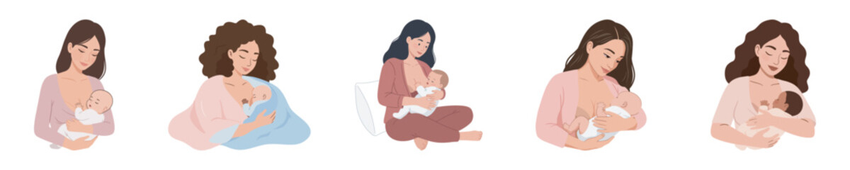 Diverse Breastfeeding Mother and Baby Nurturing Collection of Illustrations