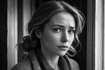 Woman stepping outside with tears, looking distressed in black and white  