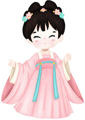 Chibi Chinese Girl Watercolor Illustration