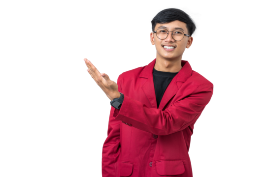 Smiling young college student showing something with hand isolated on white background