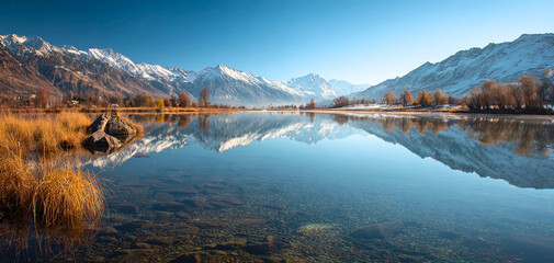 Serene mountain lake reflects autumn trees and snow capped peaks under clear blue sky