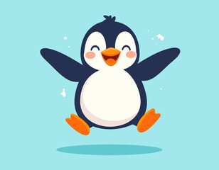 Cute Penguin Jumping – Flat Vector Illustration