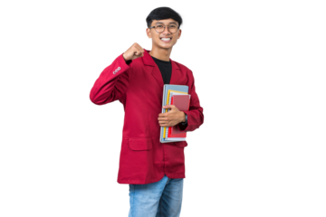 Cheerful young college student arms raised doing winner gesture isolated on white background