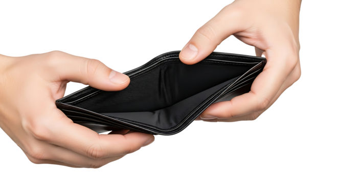 Empty wallet held open by two hands showing the inside of the wallet and its compartments clearly on transparent background