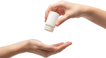 Person holding a white container above another hand ready to receive contents from the container held above on transparent background