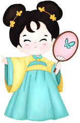 Chibi Chinese Girl Watercolor Illustration