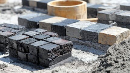 Dark paving stones arranged on a bed of mortar.