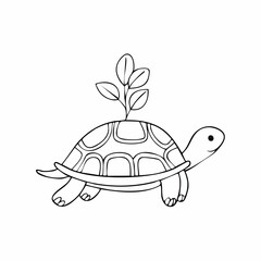 Turtle with plant growing on its back simple illustration.