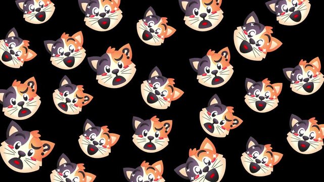 Digital illustration of multiple cartoon corgi faces with open mouths on a black background.