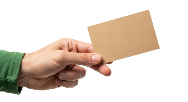 Hand holding a tan rectangular card with green sleeve visible against a solid flat space area on transparent background