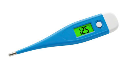 Close up of a blue digital thermometer displaying a temperature reading on a green screen on transparent background