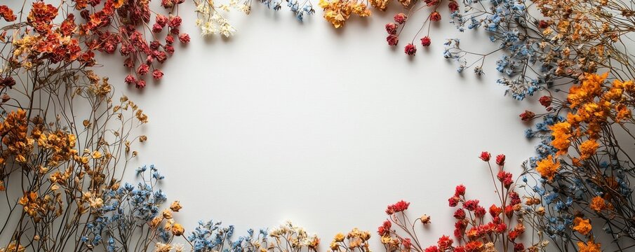 Decorative arrangement of colorful dried flowers creating a frame around a blank white card. Perfect for announcing events, weddings, or seasonal greetings with an artistic and natural touch.