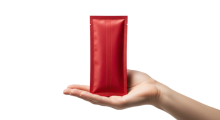 Hand holding a red packet with a sealed top in a vertical position against a plain setting on transparent background