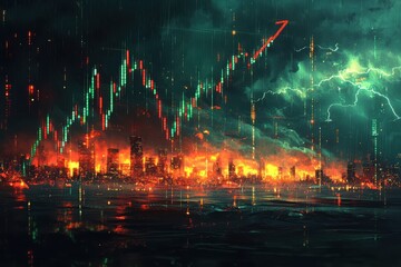 Vibrant stock market candlestick chart with upward trend arrow over futuristic city and stormy sky