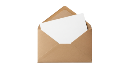 Tan envelope with a white card partially visible inside the opening of the envelope shown at an angle on transparent background